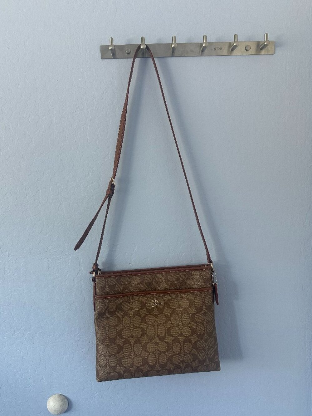 COACH Women's Signature File Messenger CrossBody Bag, Khaki Saddle